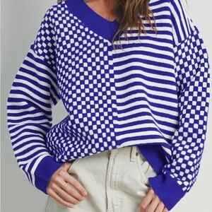 Blue and White V-Neck Sweater